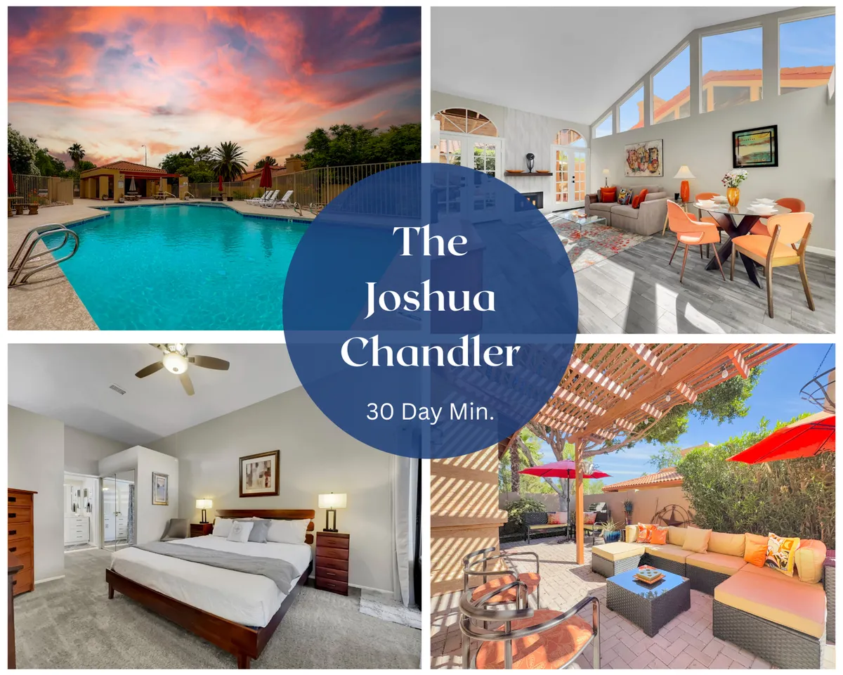 The hero image showcases a sparkling swimming pool surrounded by comfortable outdoor seating, with inviting views into the bright living room and a glimpse of a cozy bedroom. The scene is set during a relaxed evening, suggesting the perfect atmosphere for sunset swims, outdoor barbecues, and intimate gatherings.