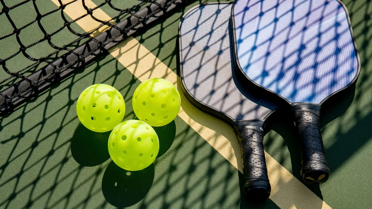 A vibrant pickleball court featuring paddles, brightly colored pickleballs, and clear court markings. The scene evokes a lively, active atmosphere, ideal for socializing and friendly competition under the Arizona sun.